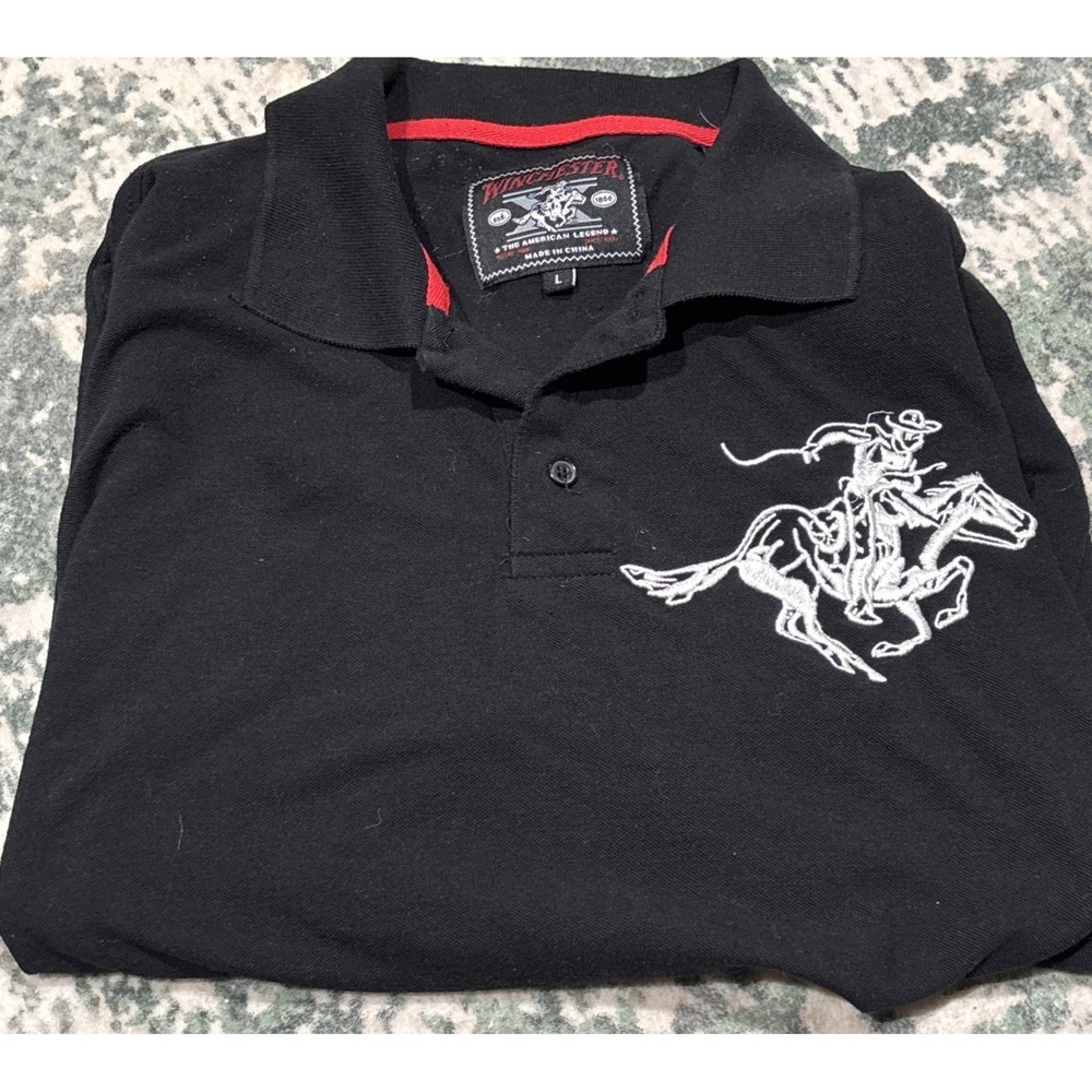 Winchester Men's Large Big Horse Rider Polo Shirt Black Red Trim Y2K Style #3